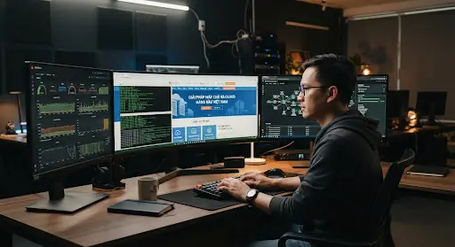 Sysadmin làm việc với terminal Linux và dashboard telemetry máy chủ