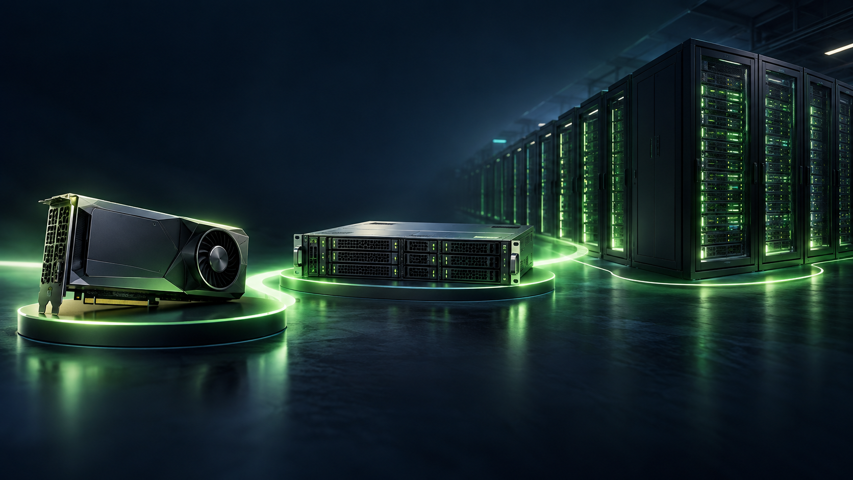 Ảnh minh họa ba quy mô hạ tầng: card GPU, máy chủ và rack data center