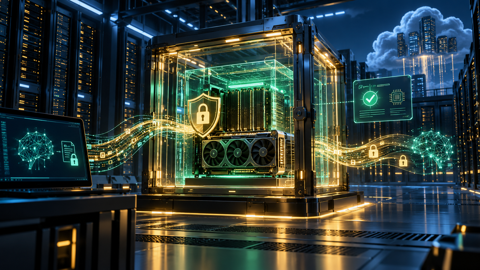 Minh họa cụm GPU Blackwell trong khoang điện toán bảo mật với lớp mã hóa phần cứng