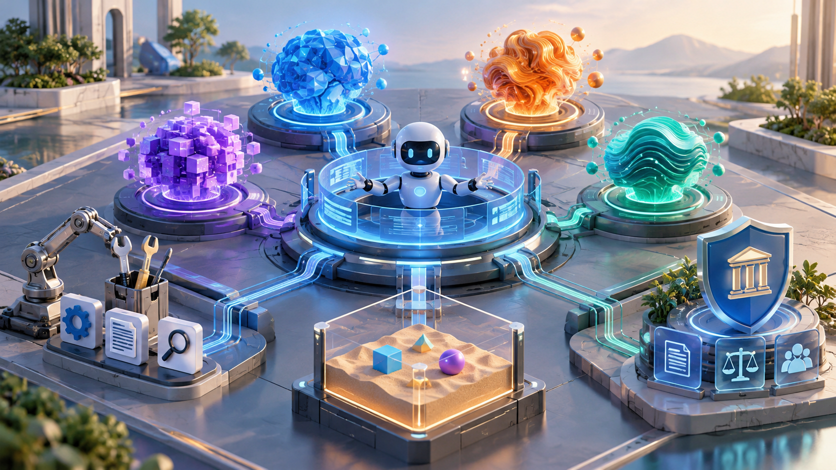 Minh họa một lớp điều phối kết nối nhiều mô hình AI với công cụ, sandbox và kiểm soát quản trị