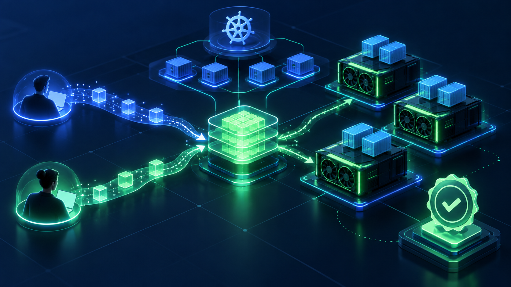 Minh họa Kubernetes điều phối nhiều nút GPU qua hai tuyến yêu cầu và bộ nhớ đệm chung