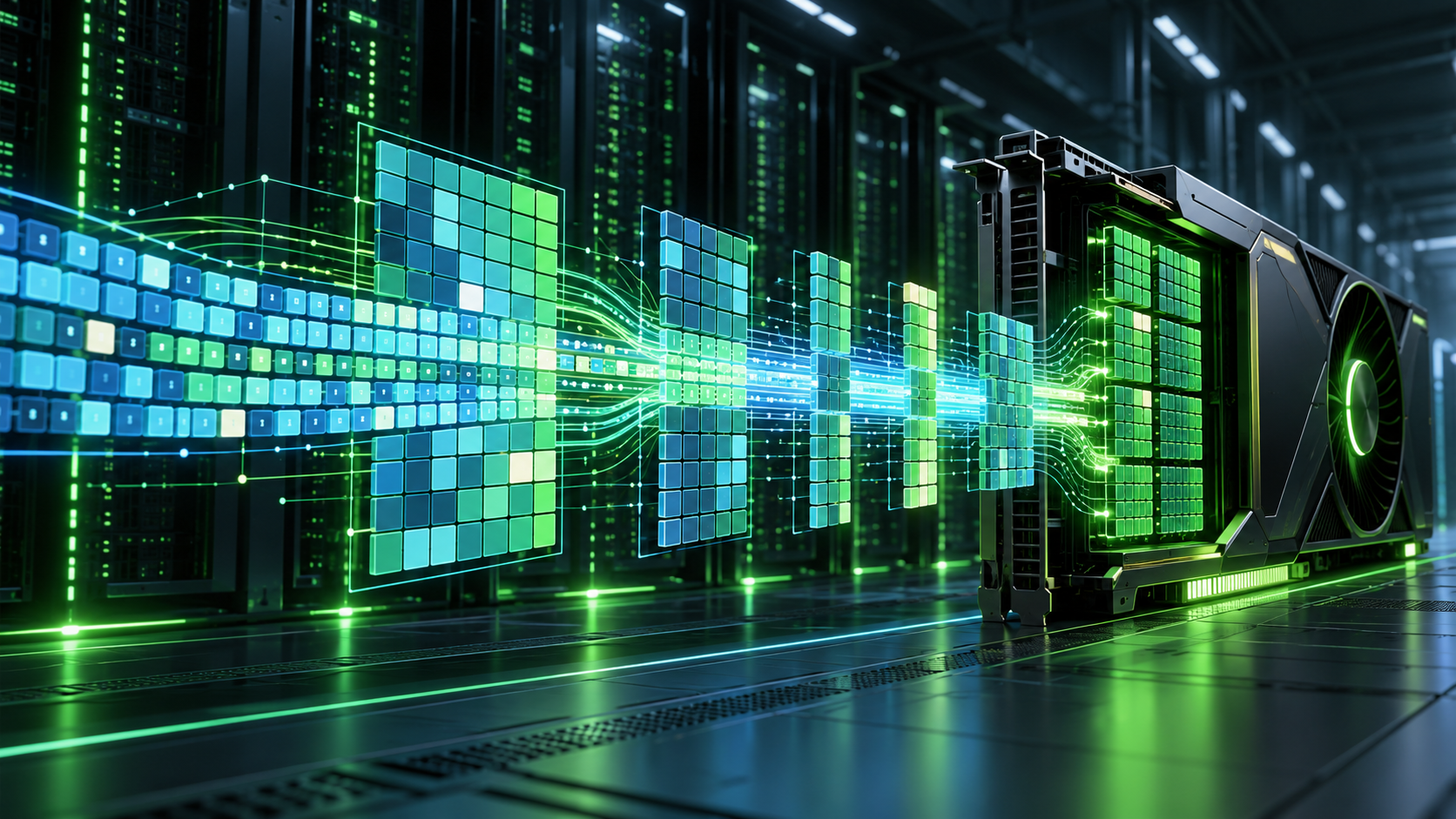 Minh họa các ma trận dạng ô và chuỗi dữ liệu đi qua bộ tăng tốc GPU trong trung tâm dữ liệu