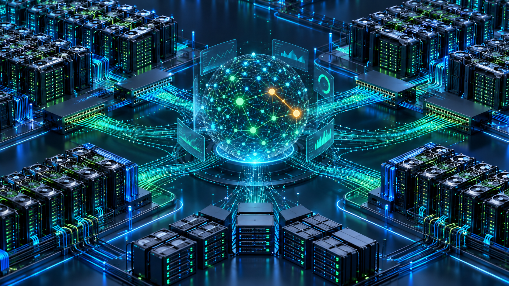 Minh họa cụm máy chủ GPU gửi dữ liệu giám sát vào đồ thị quan hệ trung tâm